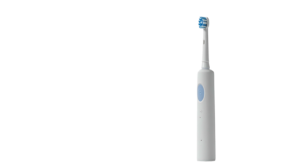 Electric toothbrush stands upright, against a black background