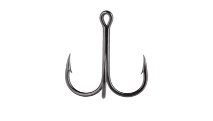 Treble fishing hook isolated on black, glossy, steel, and sharp