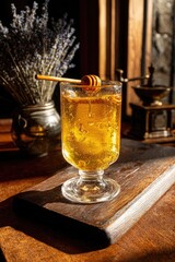 Golden Honey Drink In Glassware With Lavender Bouquet On Wooden Tray