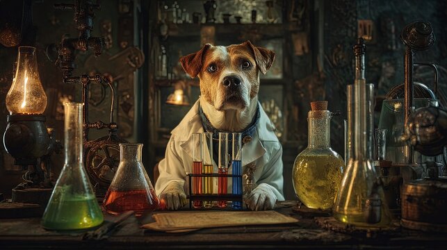 A dog in a lab coat holding test tubes mad scientist expression glowing potions steampunk laboratory
