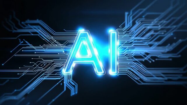 Futuristic representation of artificial intelligence with glowing blue circuits and the letters 'AI'