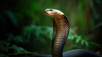 A majestic king cobra standing tall hood flared reptiles exuding power and danger in the dense jungle
