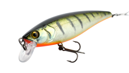 Realistic fish lure with triple hooks, translucent lip on dark backdrop