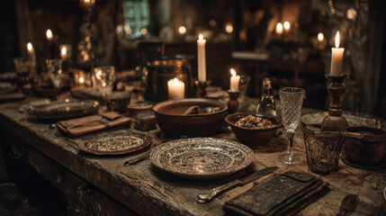 Fototapeta premium Rustic dining table set with vintage plates, candles, and cutlery creates warm, inviting atmosphere
