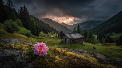 Scenic Alpine Valley Sunset With Cabin And Pink Flower