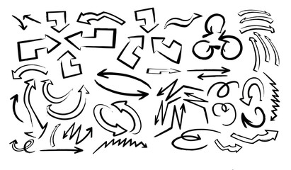 Collection of hand drawn arrow icons and symbols in black ink on white background
