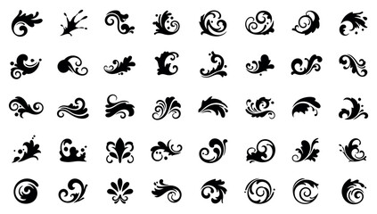 Collection of elegant black decorative floral and scrollwork elements for design and illustration