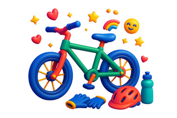 Fototapeta premium Colorful children's bicycle with gloves, helmet, bottle, and cheerful elements in cartoon style on white background, concept of fun cycling. Ai generative