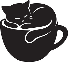 Cat Silhouette Sleeping Curled Up in Coffee Cup, Kitten Concept