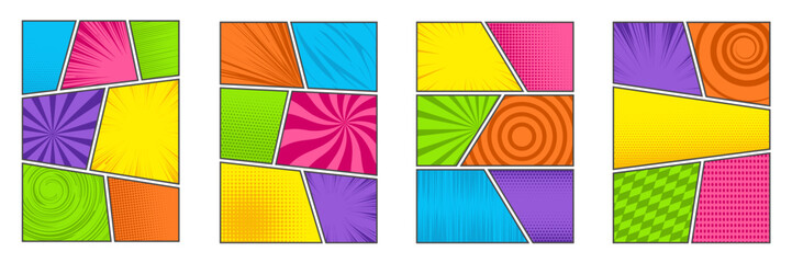 Comic book frames. Manga book template. Pop art cartoon panels for storyboards. Colored pages for anime background with speed lines and explosion effect