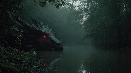 Fototapeta premium Shadow dragon lurking in a cursed swamp glowing red eyes eerie mist dark fantasy aesthetic