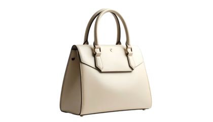 Cream leather handbag with top handles against a black background