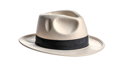 Classic white fedora with black band, isolated on black background