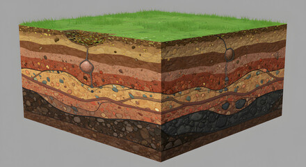 Detailed cross-section illustration displaying various soil layers, starting with lush green grass on top, revealing stratum, rocks, and even what appears to be a subterranean root system illustration