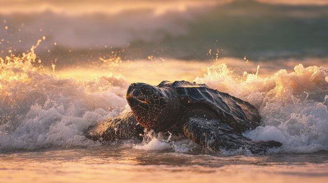 A leatherback sea turtle emerging from crashing waves reptiles returning to the ocean at golden hour