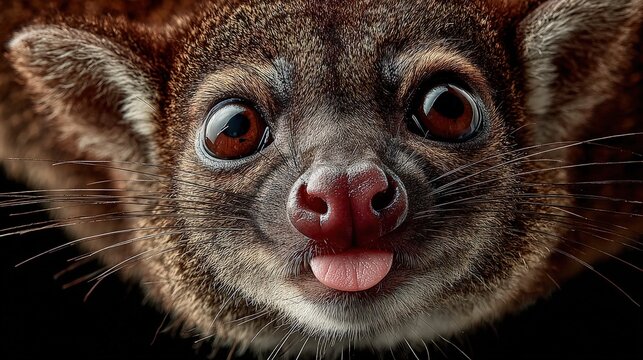 A unique kinkajou hanging upside down by its tail tongue darting out to taste fruit exotic pet