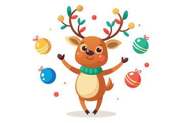 Cute reindeer juggling christmas ornaments isolated on white background, spreading holiday cheer and festive spirit