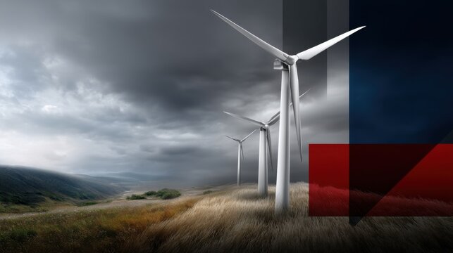 A wind turbine against the background of dark storm clouds, with an abstract red and blue flag-like design overlaying it. the scene is set in front of a field with tall grasses under gray skies. - Powered by Adobe