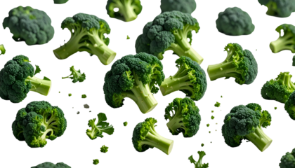 Scattered broccoli florets against a black background