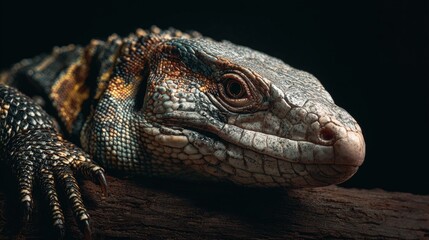 Fototapeta premium An agile tegu basking lazily in sunlight scales shimmering softly exotic pet