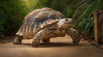 Obraz premium A regal sulcata tortoise ambling leisurely along garden paths shell polished brightly exotic pet