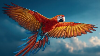 A majestic macaw spreading its wings against an azure sky feathers radiating brilliant hues exotic pet
