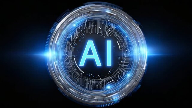 A futuristic representation of artificial intelligence, featuring the letters 'AI' illuminated in a circular design, surrounded by bright blue beams, symbolizing innovation and pro