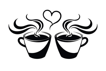 Two steaming cups of coffee with a heart above them isolated on white background, symbolizing love and warmth