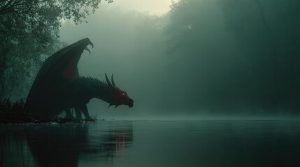 Fototapeta premium Shadow dragon lurking in a cursed swamp glowing red eyes eerie mist dark fantasy aesthetic