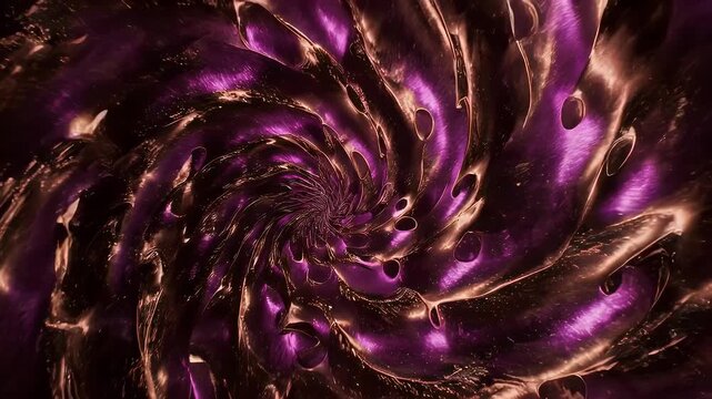 Abstract, spiraling tunnel of purple and bronze liquid textures. A central vortex is visible