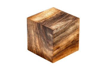 Close-up of a wooden cube, rich with dark and light brown wood grain patterns.  The cube is sharply defined against a pure black background