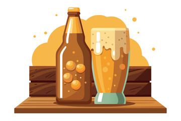 Illustration of a beer bottle and a glass of beer on a wooden surface isolated on white background