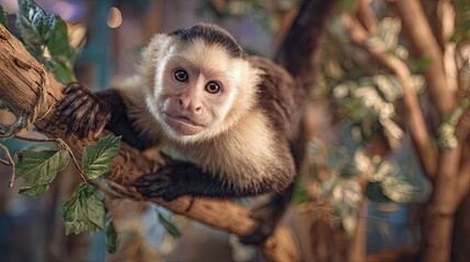 A mischievous capuchin monkey swinging acrobatically between branches grinning widely exotic pet