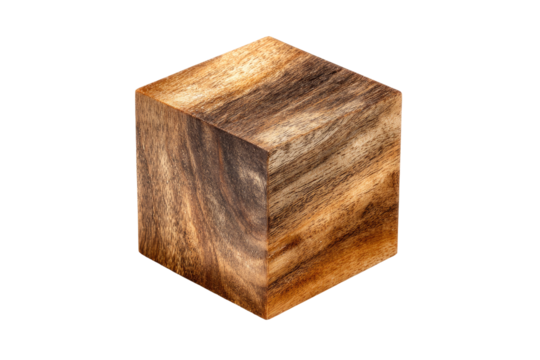 Close-up of a wooden cube, rich with dark and light brown wood grain patterns.  The cube is sharply defined against a pure black background