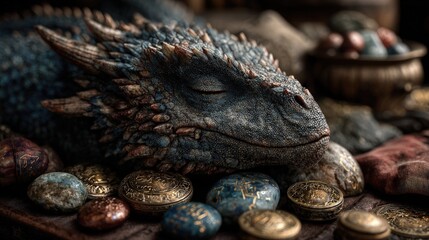 A dragon sleeping atop a pile of enchanted artifacts glowing runes warm and mystical lighting