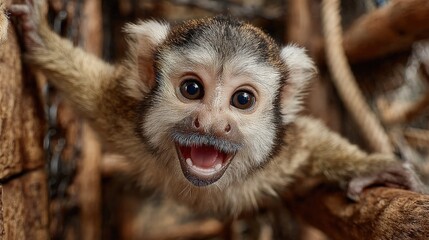 Obraz premium A mischievous capuchin monkey swinging acrobatically between branches grinning widely exotic pet