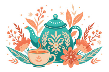 A charming illustration of a teapot and teacup surrounded by flowers, isolated on white background