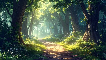 Obraz premium Sunlit path through lush forest, with trees and vibrant foliage