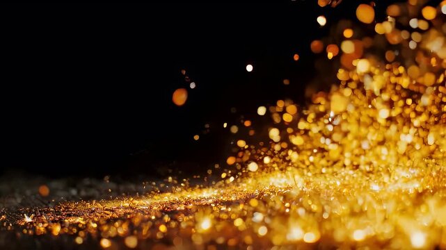 Golden sparks burst from the bottom, swirling up against a black background. Bokeh effect