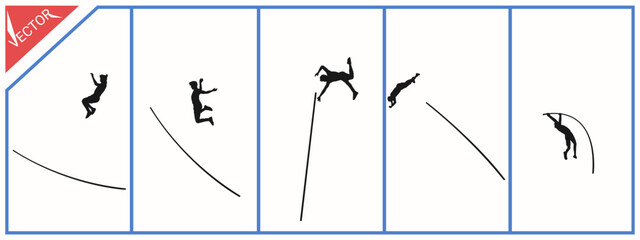 Silhouette pose of a pole vault athlete. White background. Vector illustration.