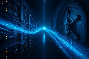 Data Fortress: A secure digital realm guarded by servers and a vault door, illuminated by streams of data, signifying the safety of information in the digital age.