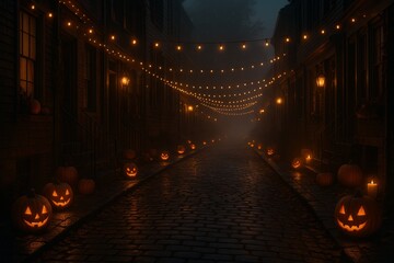 Spooky Street: A hauntingly beautiful street is illuminated by string lights and jack-o'-lanterns on a misty night, evoking a sense of mystery and festive charm.