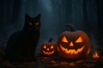 Mystical Halloween Night: A black cat with glowing eyes sits besides two carved pumpkins and a candle in a dimly lit forest, evoking an atmosphere of mystery and intrigue.