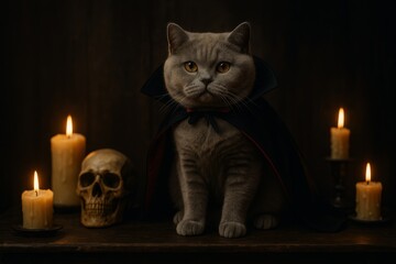 Mysterious Feline Encounter: A charming cat dressed in a mysterious cape, surrounded by eerie candlelights and a human skull. A perfect blend of cuteness and suspense.