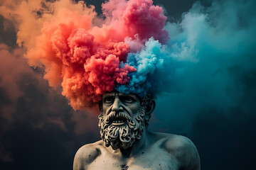 An artistic representation of human emotion as colorful smoke, a striking red heart against a dark background, abstract business concept with colorful arrows and geometry, velvety red gift box with 