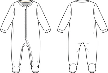 Baby onesie front and back view, long sleeve footed design, zipper and snap closure, garment template, cad drawing flat vector illustration © Design_Pro