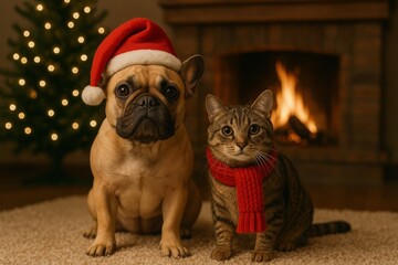 Holiday Harmony: A charming French Bulldog sporting a Santa hat and a tabby cat in a red scarf cozy up near a crackling fireplace and a twinkling Christmas tree.