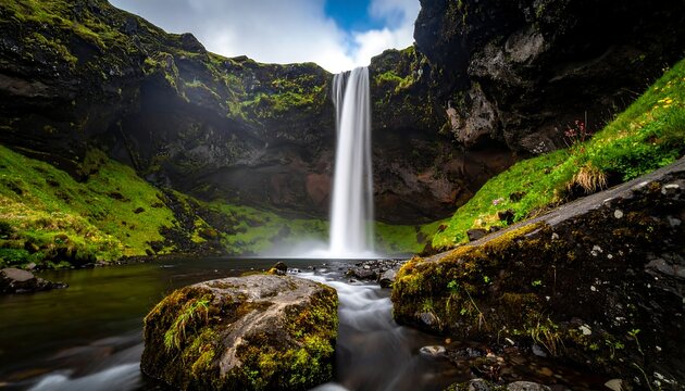 Tall waterfall cascading into a calm pool with green mossy banks