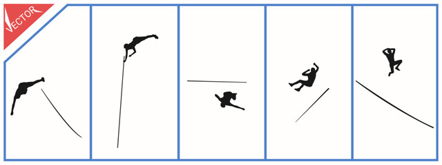 Pole vault training, athlete silhouette on white background. Vector illustration.