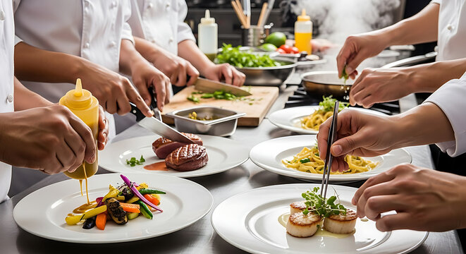 A team of professional chefs meticulously plating various gourmet dishes in a busy restaurant kitchen.